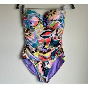Abstract Floral Bandeau One Piece Swimsuit I Ruched Side Tummy Control I Size 10